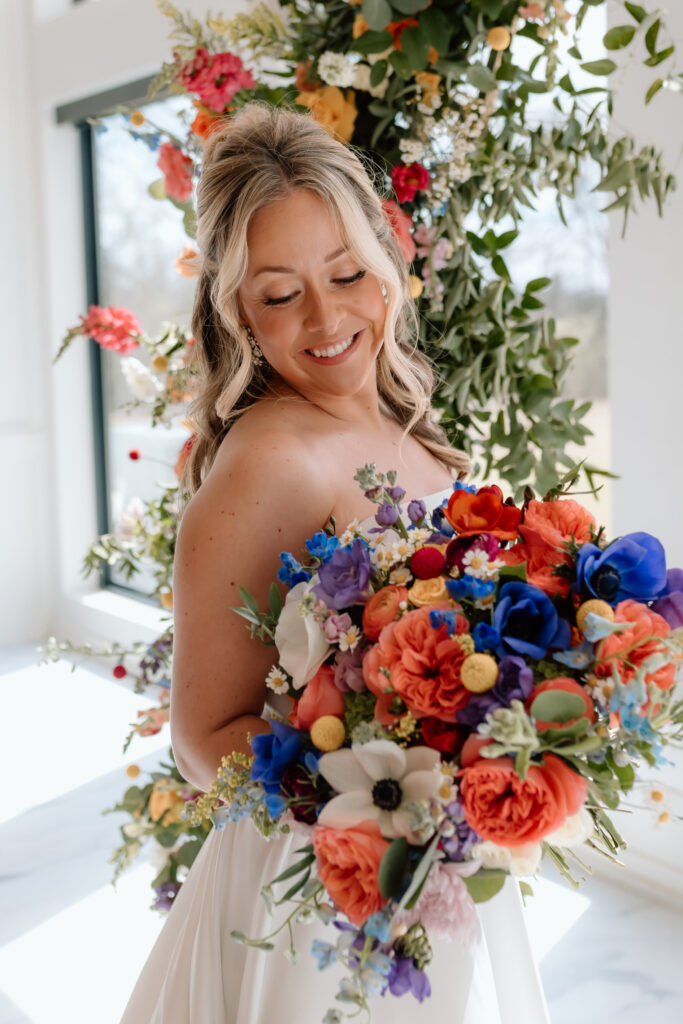 White Willow Meadows Colorful Spring Wedding, Columbus, Ohio. Bride and Groom Wedding Portraits Floral Installation