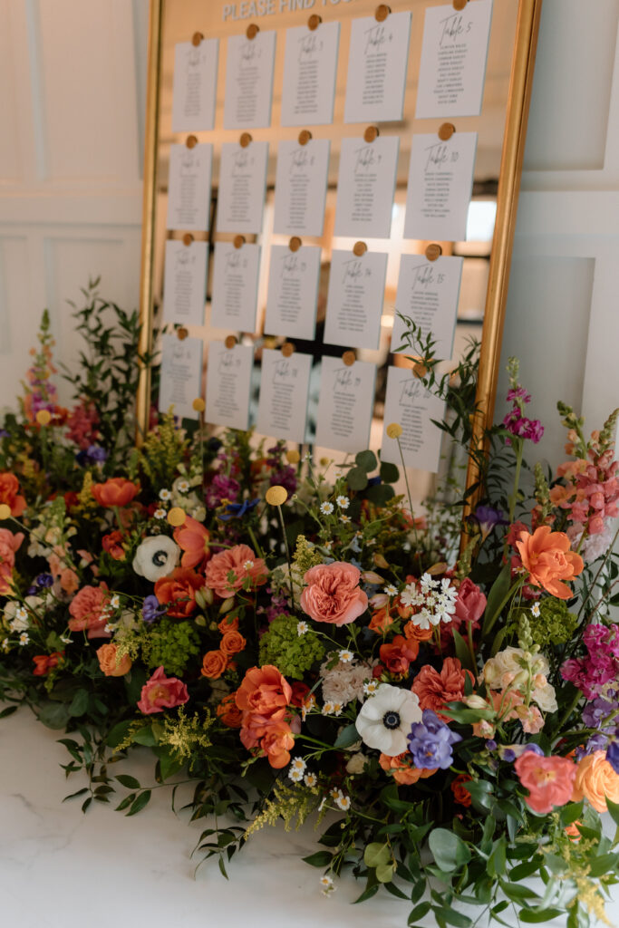 White Willow Meadows Colorful Spring Wedding, Columbus, Ohio. Mirror Seating chart with florals