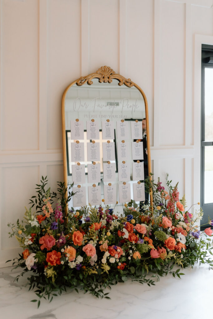 White Willow Meadows Colorful Spring Wedding, Columbus, Ohio. Mirror Seating chart with florals