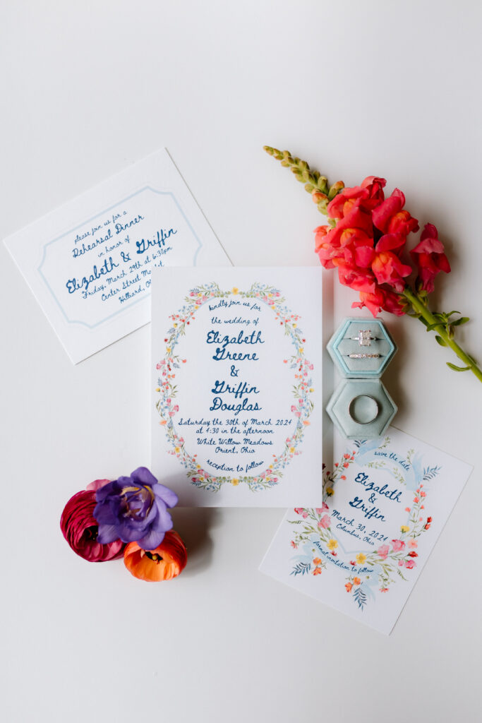 White Willow Meadows Colorful Spring Wedding, Columbus, Ohio. invitation suite