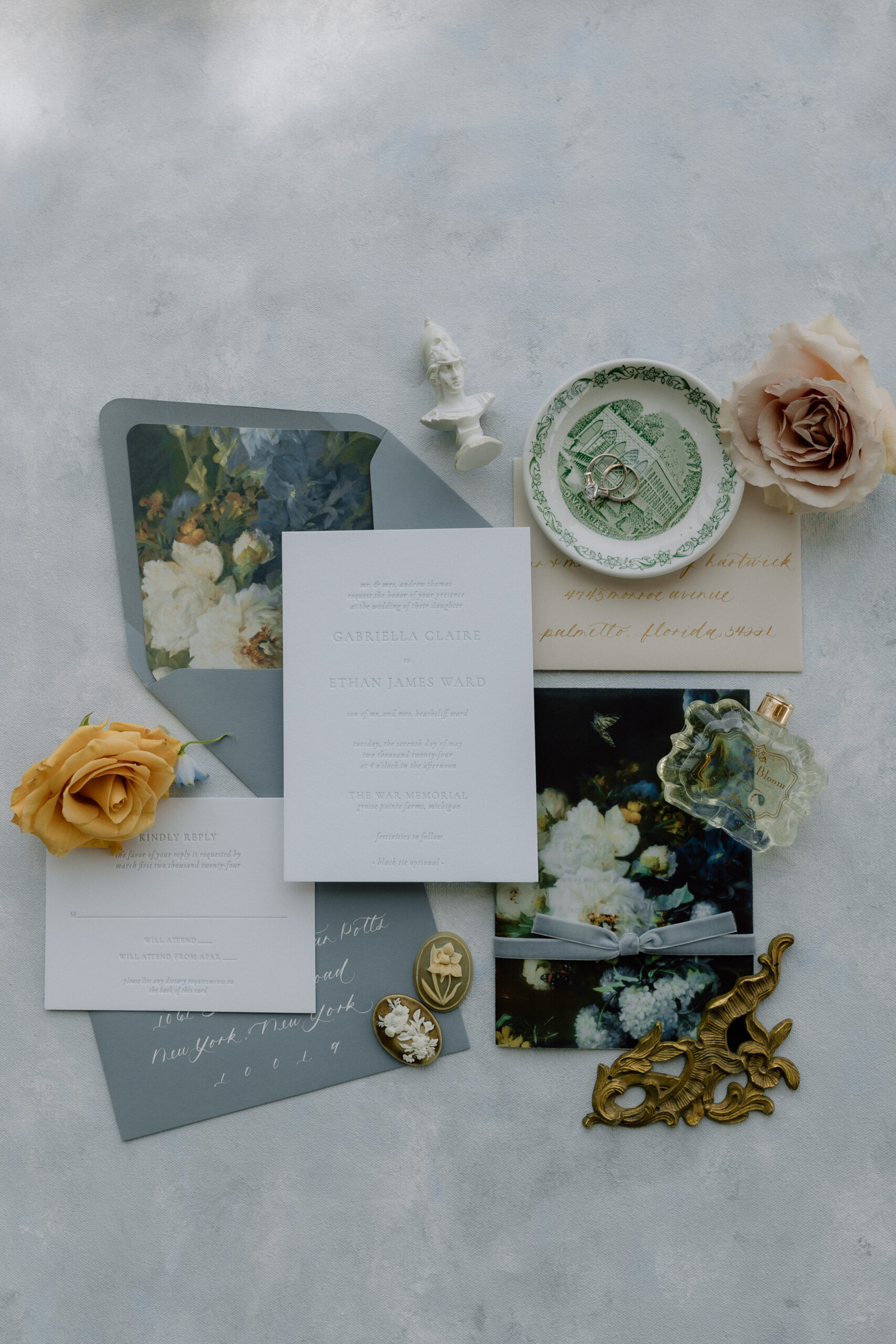 War Memorial Wedding, Detroit, MI Wedding Photographer, styled flat lay