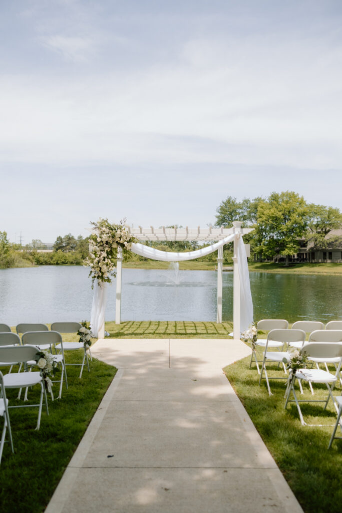 Wedding at Watersedge Wedding Venue in Columbus, Ohio, lake-side ceremony set up