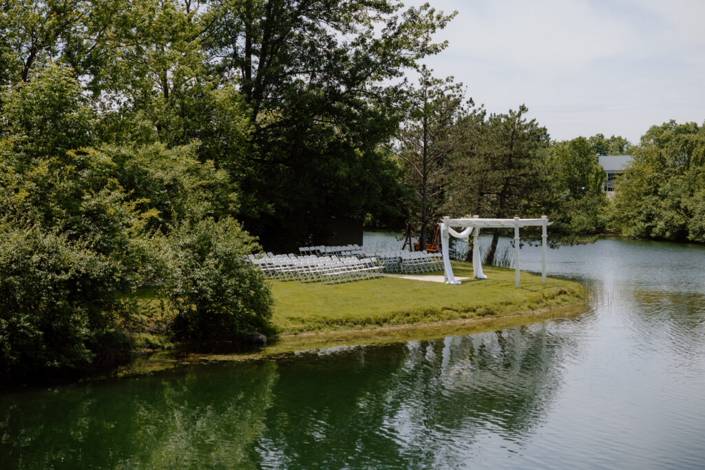 Wedding at Watersedge Wedding Venue in Columbus, Ohio, lake-side ceremony set up