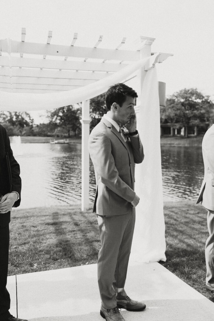 Watersedge wedding venue in Columbus, Ohio, groom crying during ceremony