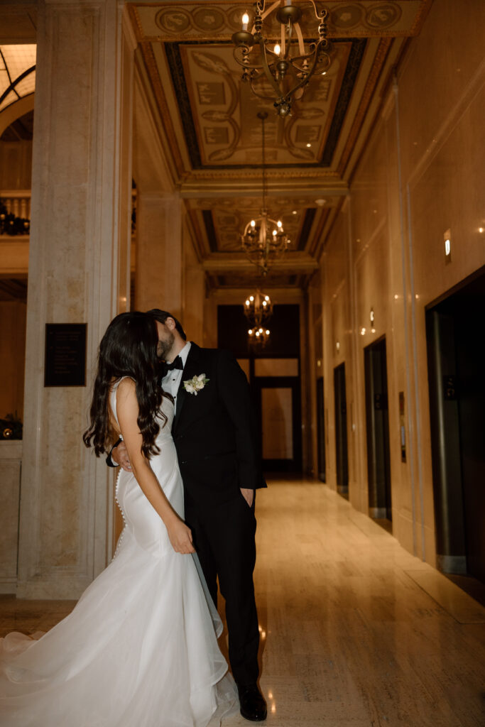 Bride and Groom in downtown Detroit, MI at Book Tower with Anthology Events, Detroit Wedding Photography