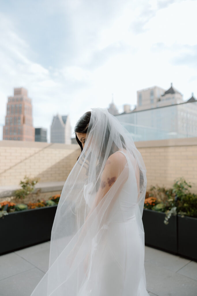 Bride and Groom in downtown Detroit, MI at Book Tower with Anthology Events, Detroit Wedding Photography