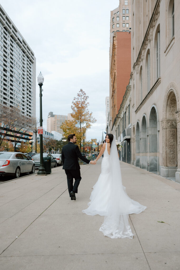 Bride and Groom in downtown Detroit, MI at Book Tower with Anthology Events, Detroit Wedding Photography