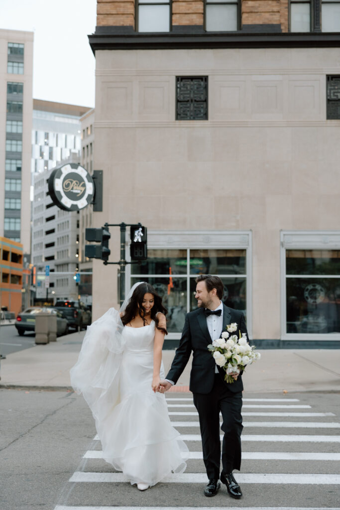 Bride and Groom in downtown Detroit, MI at Book Tower with Anthology Events, Detroit Wedding Photography