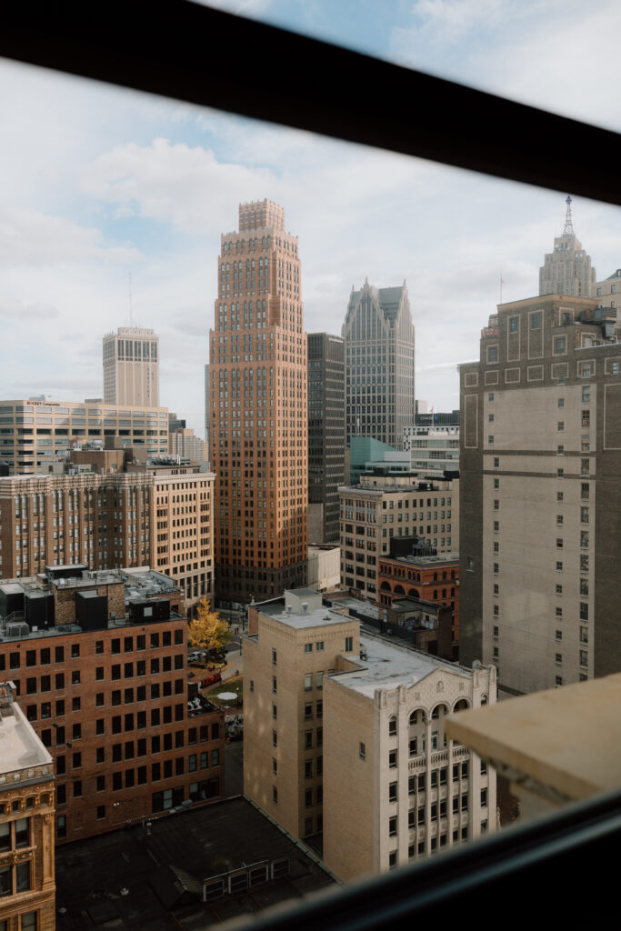 Bride and Groom in downtown Detroit, MI at Book Tower with Anthology Events, Detroit Wedding Photography